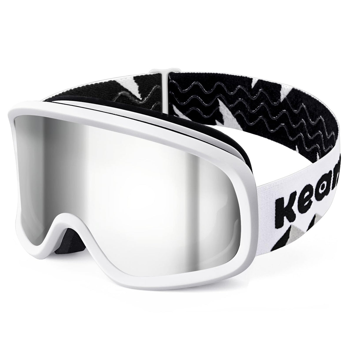 Keary front view of goggles showing frame and lens with UV protection benefit