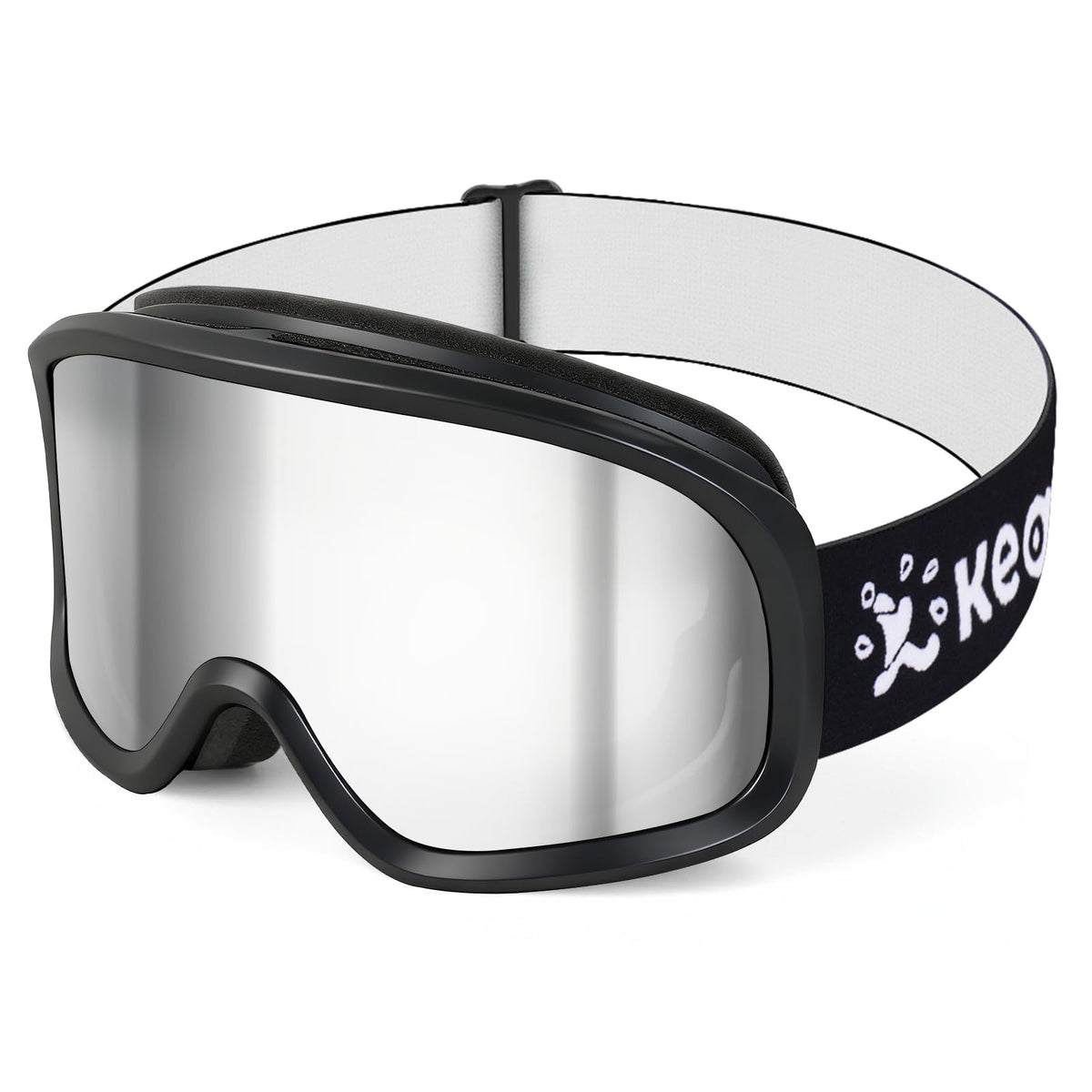 Keary front view of goggles showing full lens and ventilation, clear vision benefit