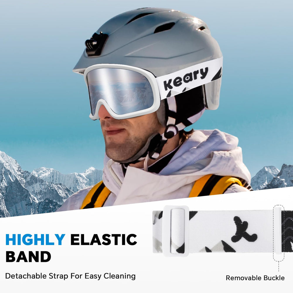 Keary goggles beside gloves showing scale and travel-ready convenience