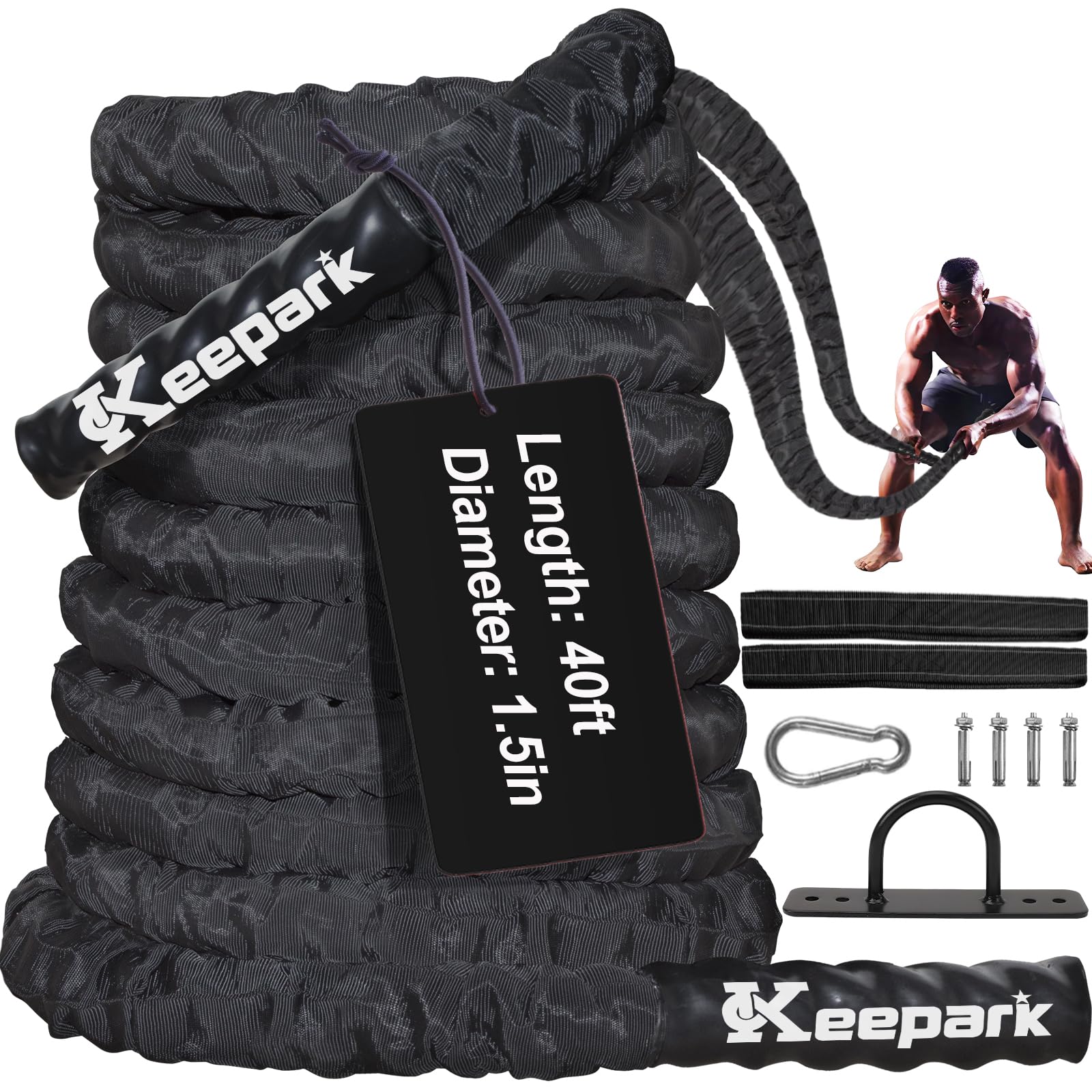 Keepark front view of battle rope packaging showing product and strength benefits