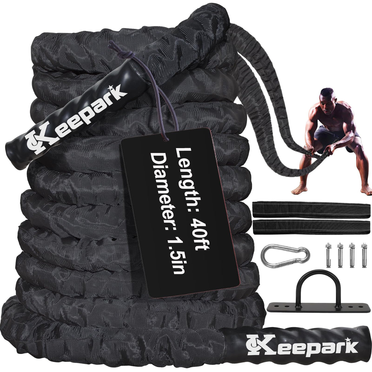 Keepark front view of battle rope packaging showing product and strength benefits