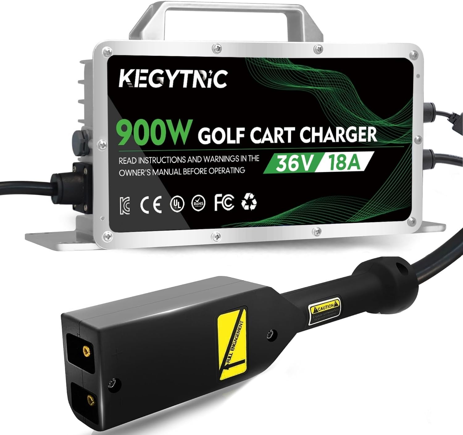 Kegytric front view of charger showing compact durable design and faster charging