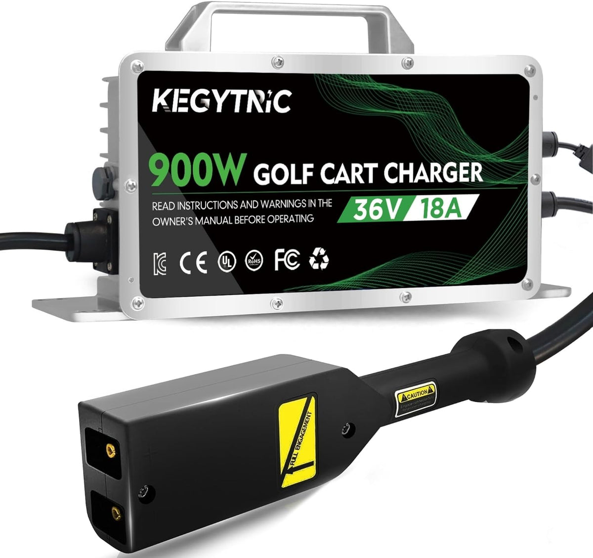 Kegytric front view of charger showing compact durable design and faster charging