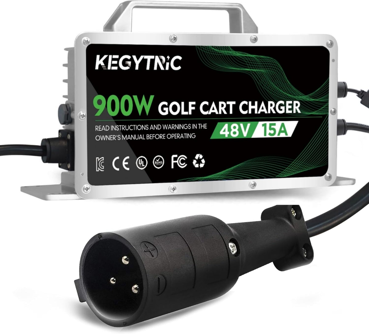 Kegytric front view charger showing robust casing and quick-connect benefit