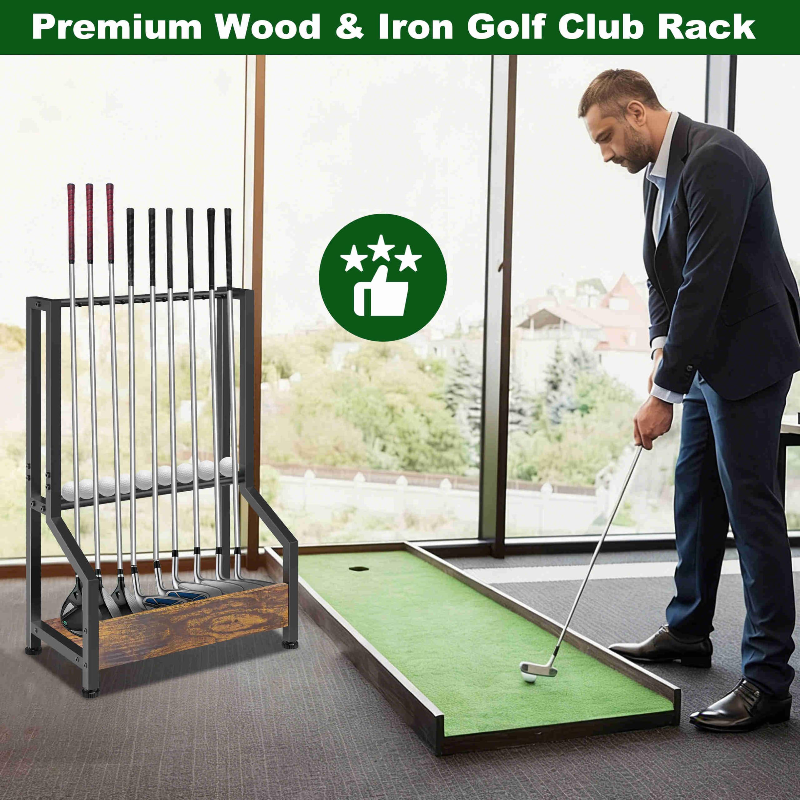 Kelmuis shelf with nine balls and putter slot for neat storage
