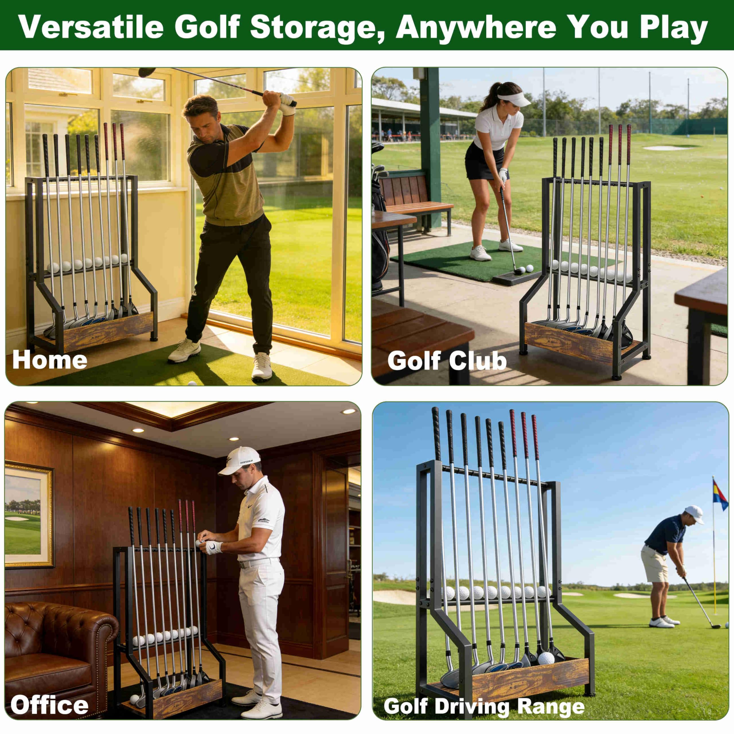 Kelmuis rack holding clubs in a simulator display for easy access