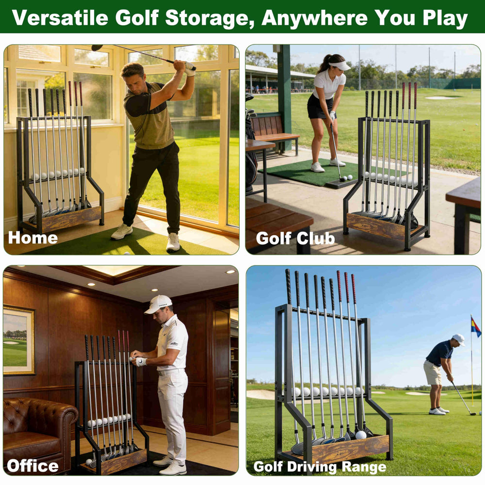 Kelmuis rack holding clubs in a simulator display for easy access
