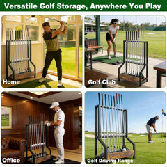 Kelmuis rack holding clubs in a simulator display for easy access
