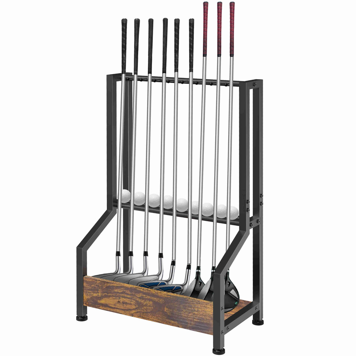 Kelmuis front view of rack showing organized nine clubs and rustic look