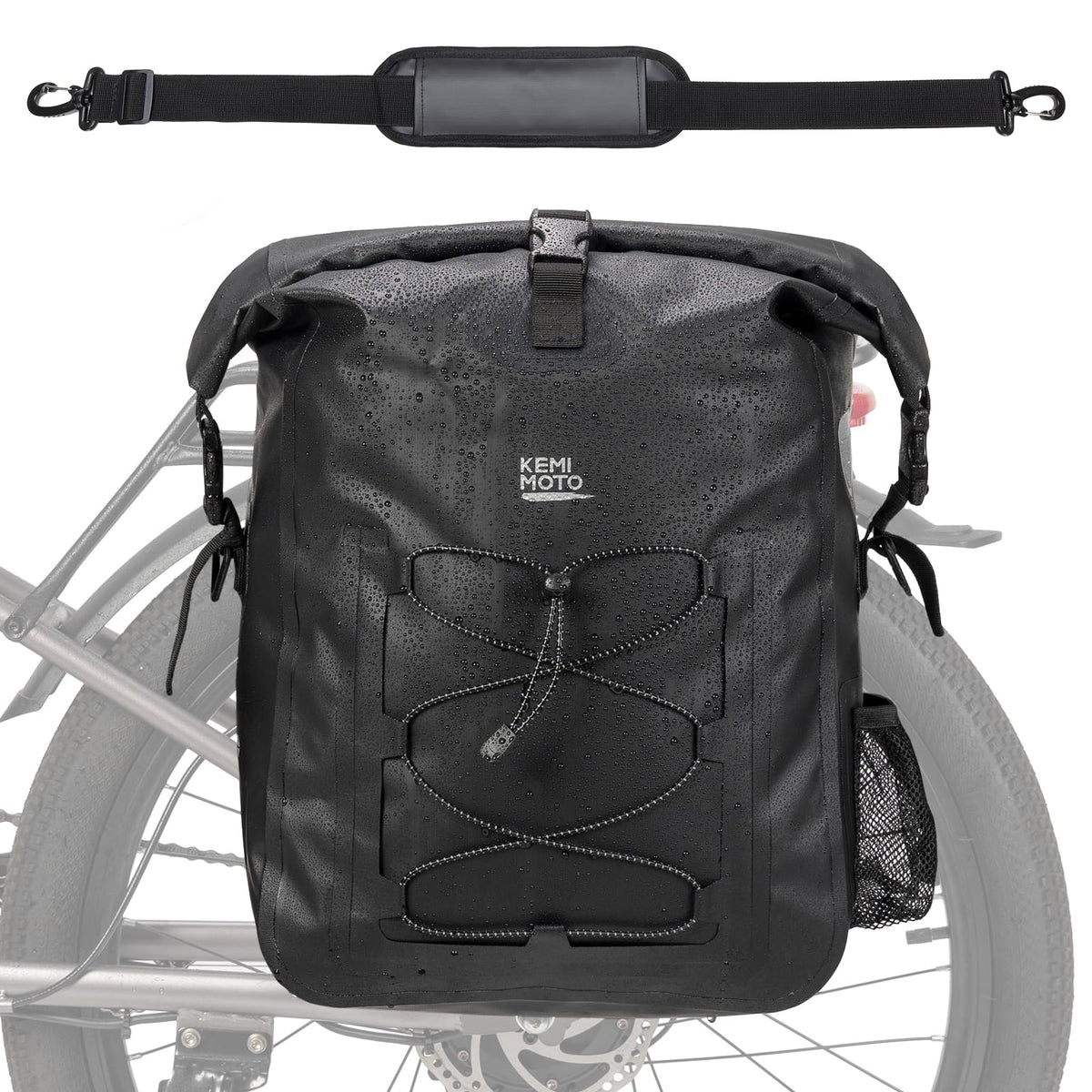 KEMIMOTO front view of 30L pannier showing sleek waterproof profile and ample storage