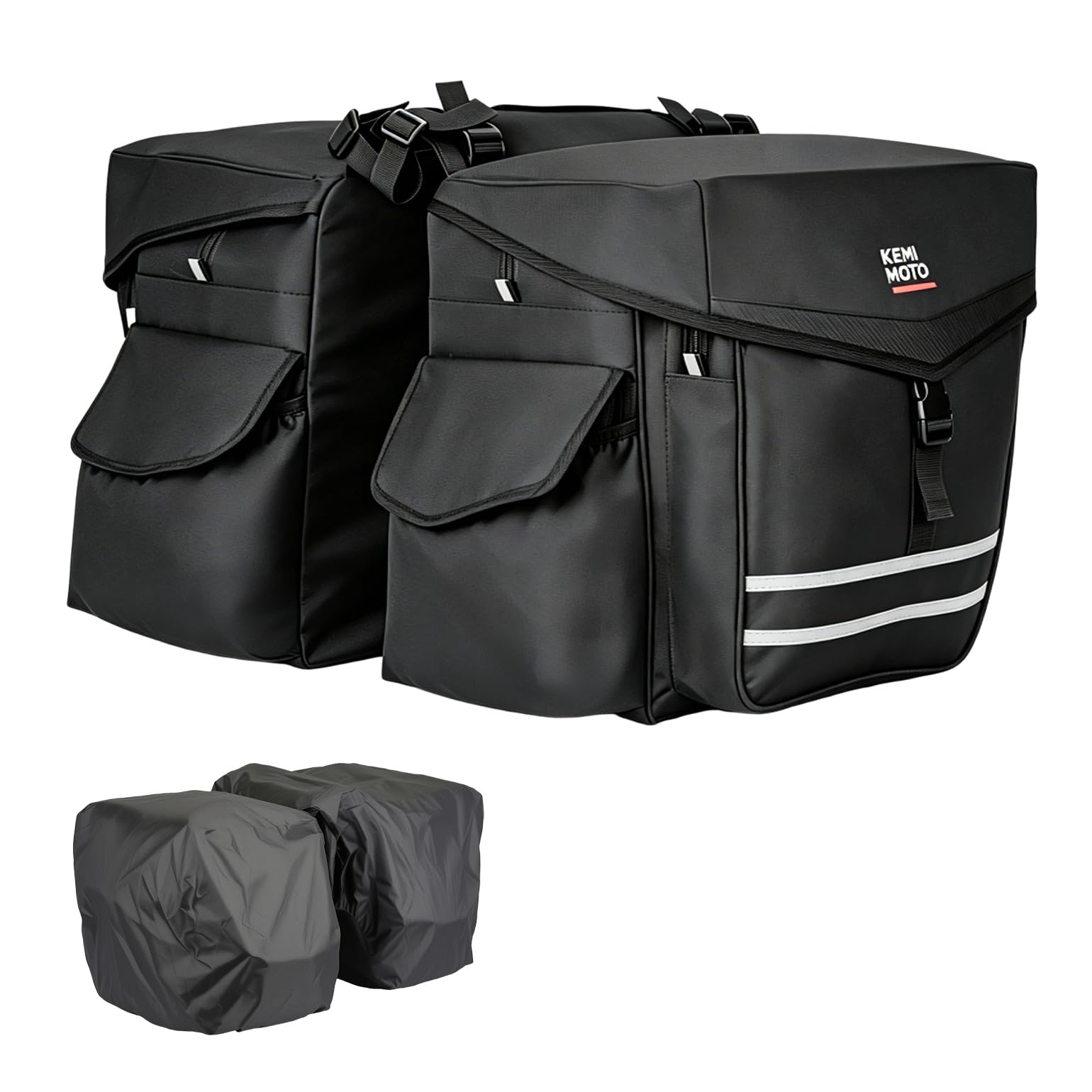 KEMIMOTO front view panniers mounted on bike rack showing storage benefit