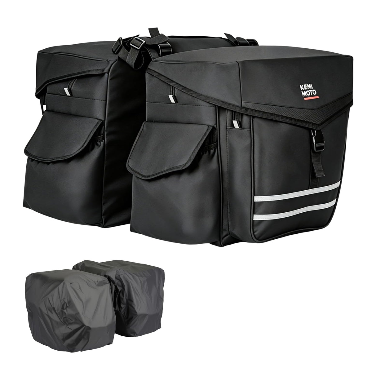 KEMIMOTO front view panniers mounted on bike rack showing storage benefit