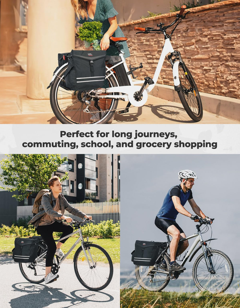 KEMIMOTO panniers on commuter bike in city scene illustrating everyday use