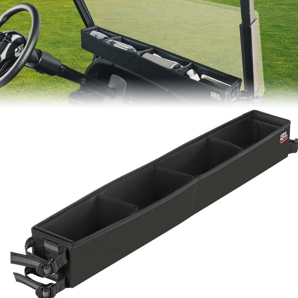 KEMIMOTO on a golf cart at course showing tidy storage and convenience benefit