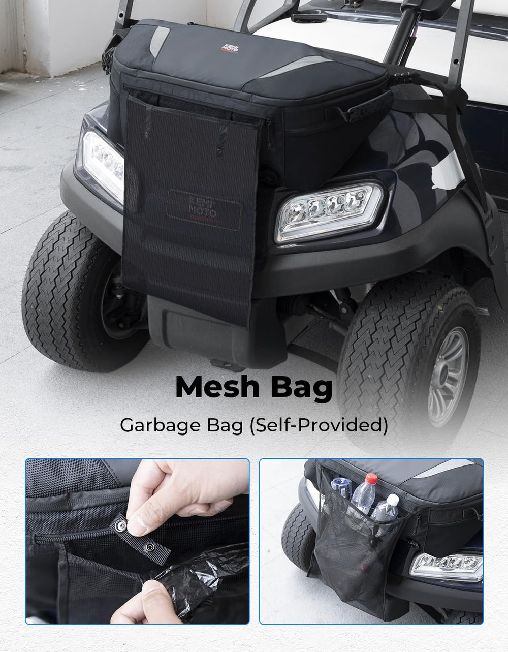 KEMIMOTO mesh pocket holding snacks and golf balls showing organization benefit easy access