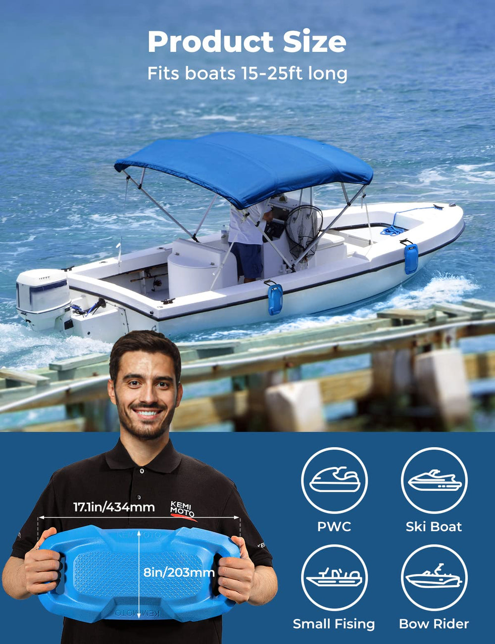 KEMIMOTO installed on a bass boat at dock highlighting hull protection