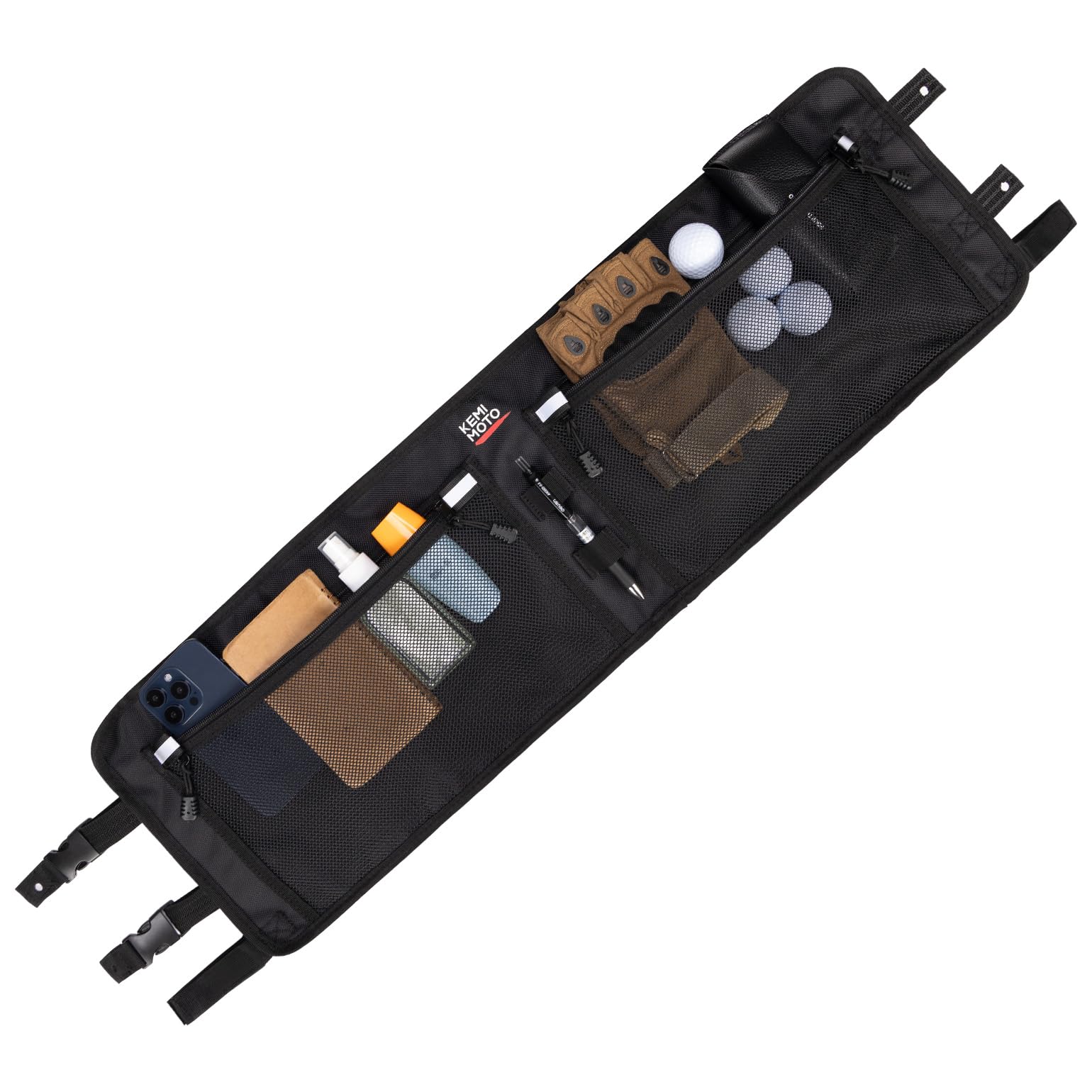 KEMIMOTO overhead bag front view showing slim storage and quick access benefit