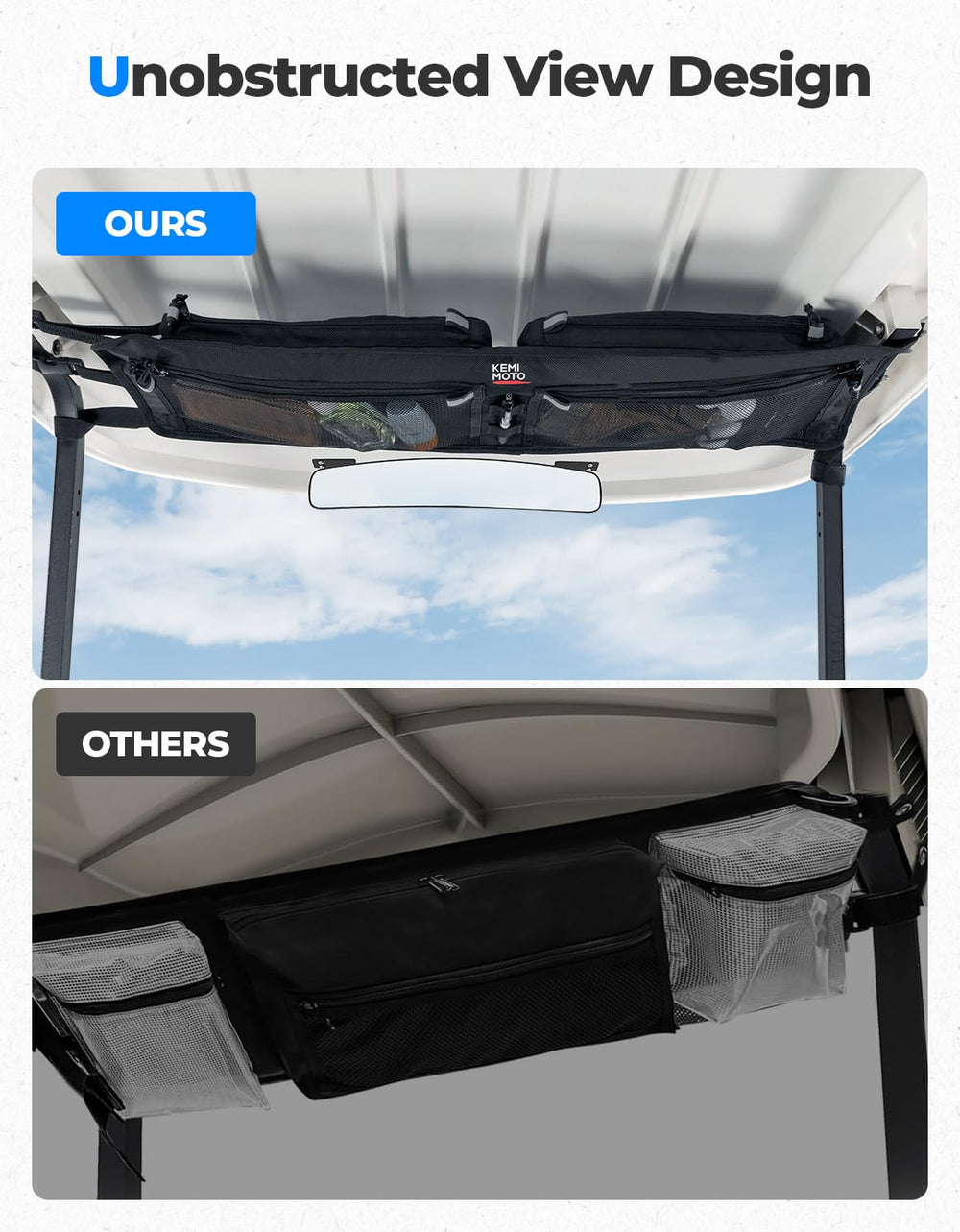 KEMIMOTO overhead bag installed in Club Car demonstrating neat overhead storage
