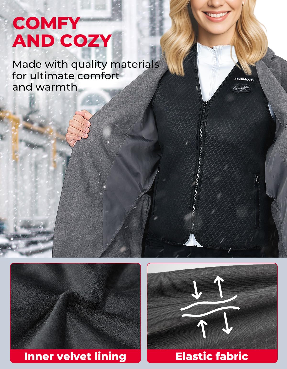 KEMIMOTO vest on mannequin with tape measure to show scale and true-to-size fit benefit