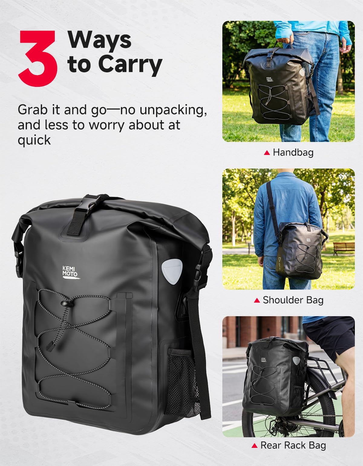 KEMIMOTO side mesh pocket with water bottle illustrating quick access and hydration convenience