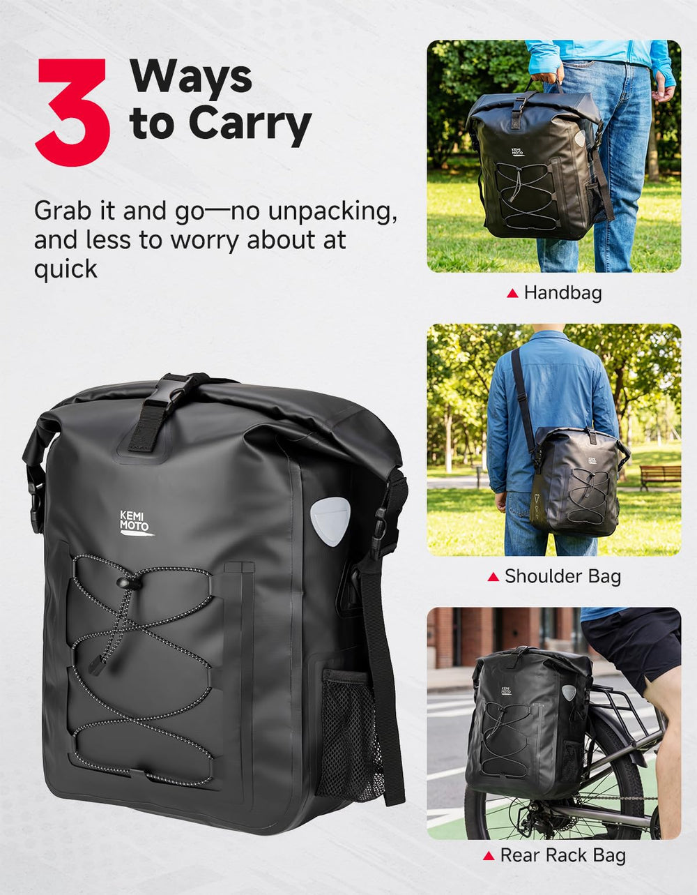 KEMIMOTO side mesh pocket with water bottle illustrating quick access and hydration convenience