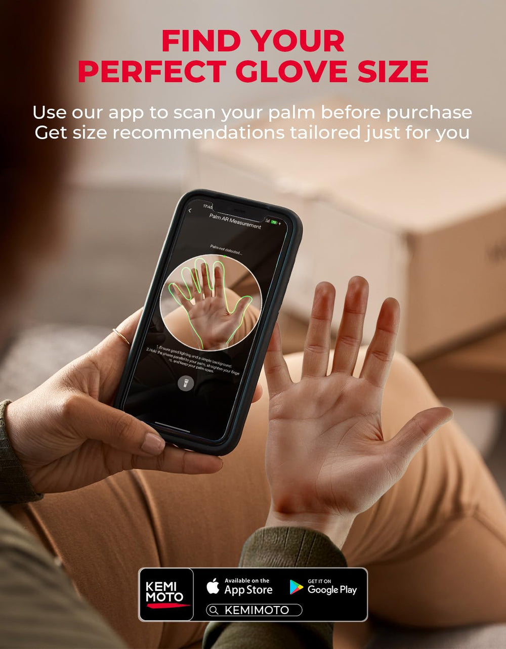 KEMIMOTO glove on hand showing size scale and ergonomic fit benefit