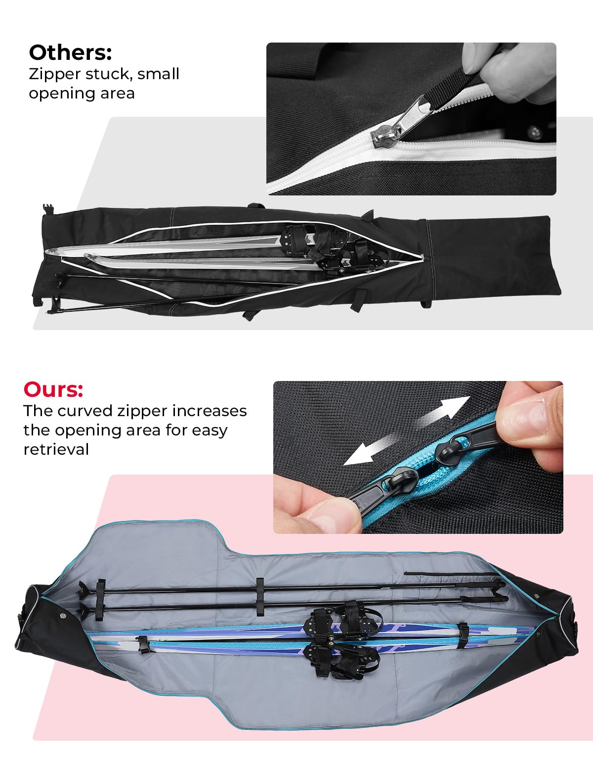 KEMIMOTO size comparison with skis inside bag illustrating fit up to 200 cm