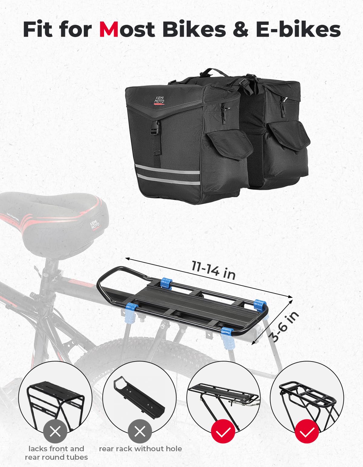 KEMIMOTO pannier next to water bottle showing scale and 20L-per-side capacity