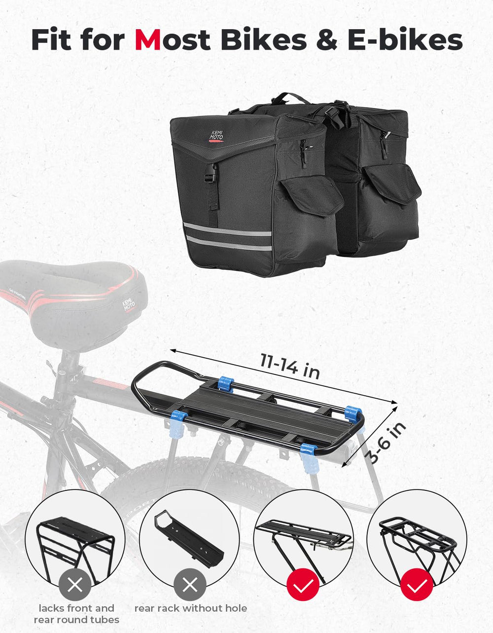 KEMIMOTO pannier next to water bottle showing scale and 20L-per-side capacity