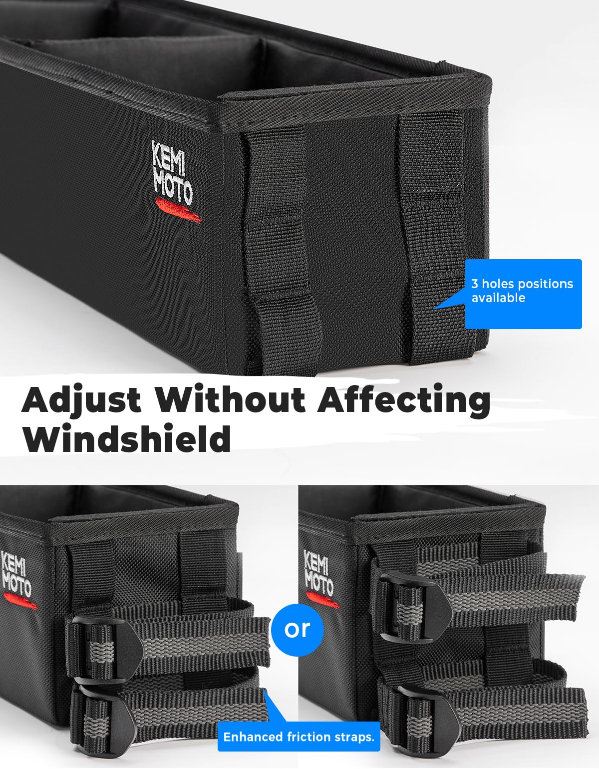 KEMIMOTO strap and attachment detail showing quick no-drill installation benefit
