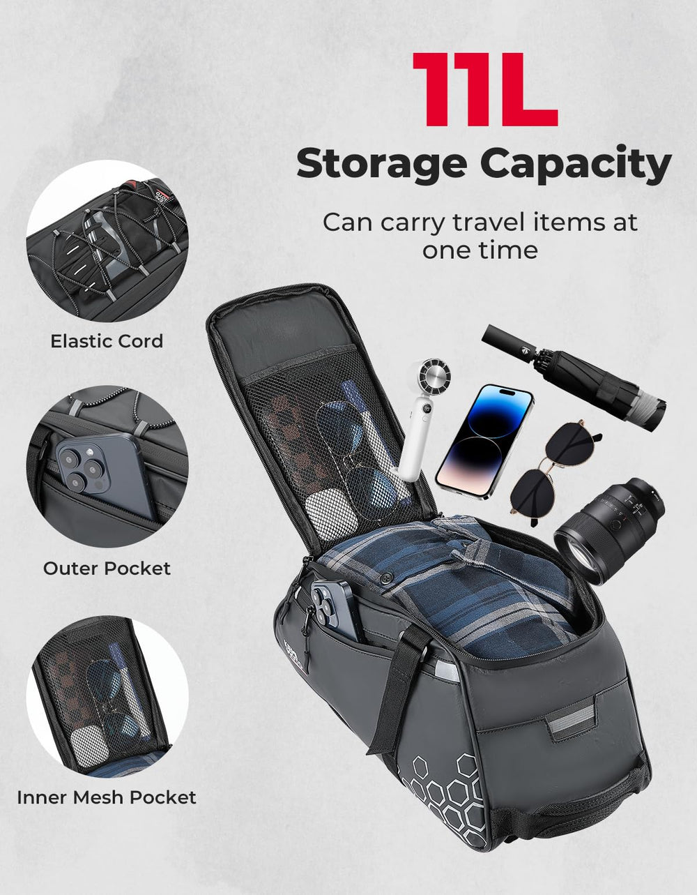 KEMIMOTO top elastic cord and waterproof zipper for extra storage