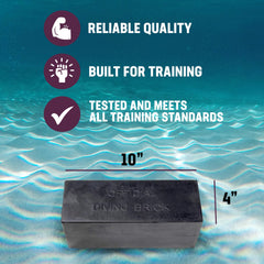 Kemp USA diving brick beside ruler for scale showing compact 10 x 4 x 4 inch dimensions
