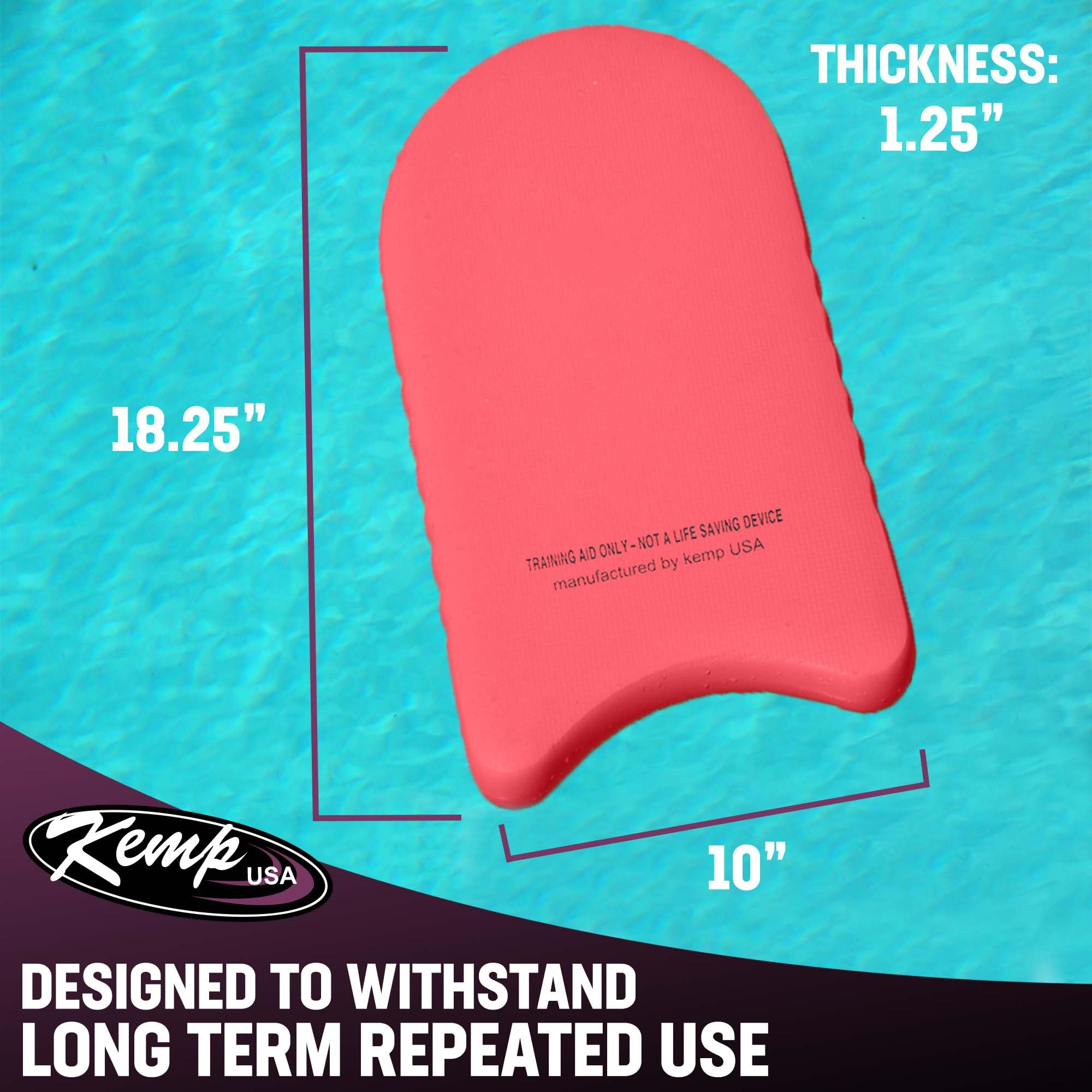 Kemp USA kickboard held by adult hand showing 19x10 inch scale
