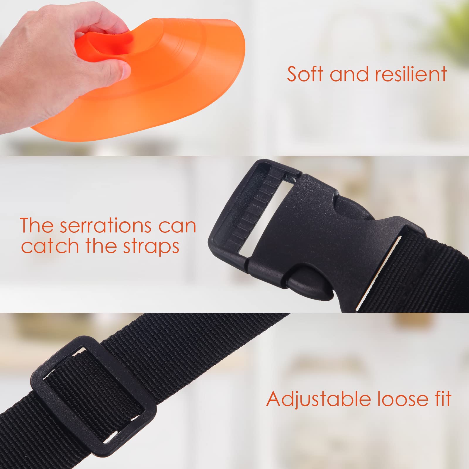 Kenning straps threaded through stacked cones for tidy transport and storage