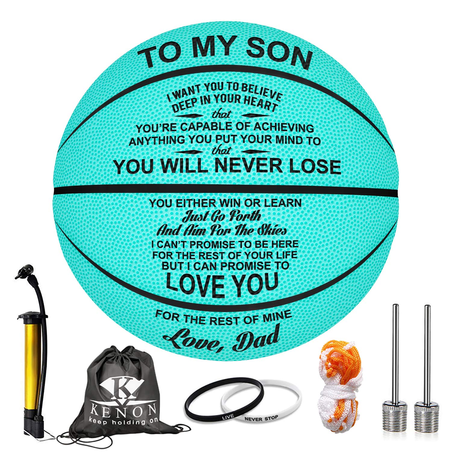 Kenon blue personalized basketball front view showing engraved message and durable cover