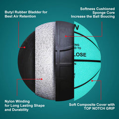Kenon basketball next to adult hand to show true-to-size scale and usability