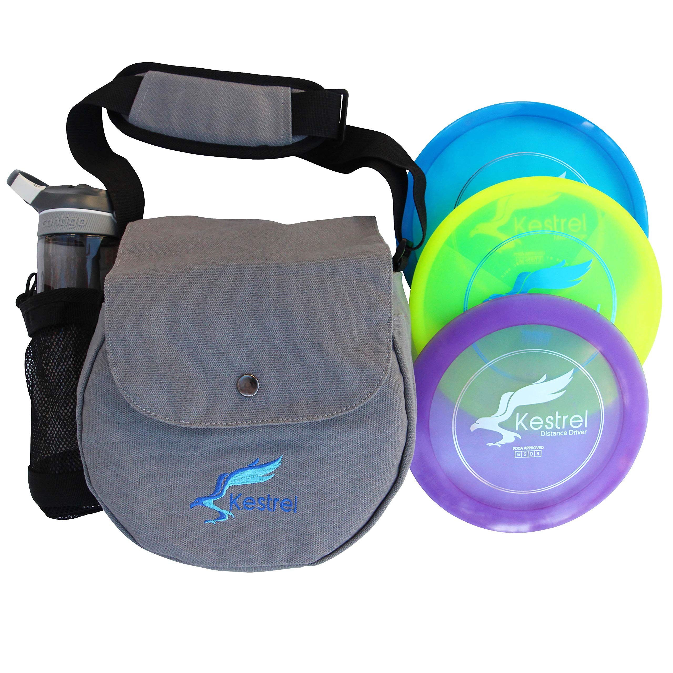 Kestrel front of set showing three discs and bag for quick play