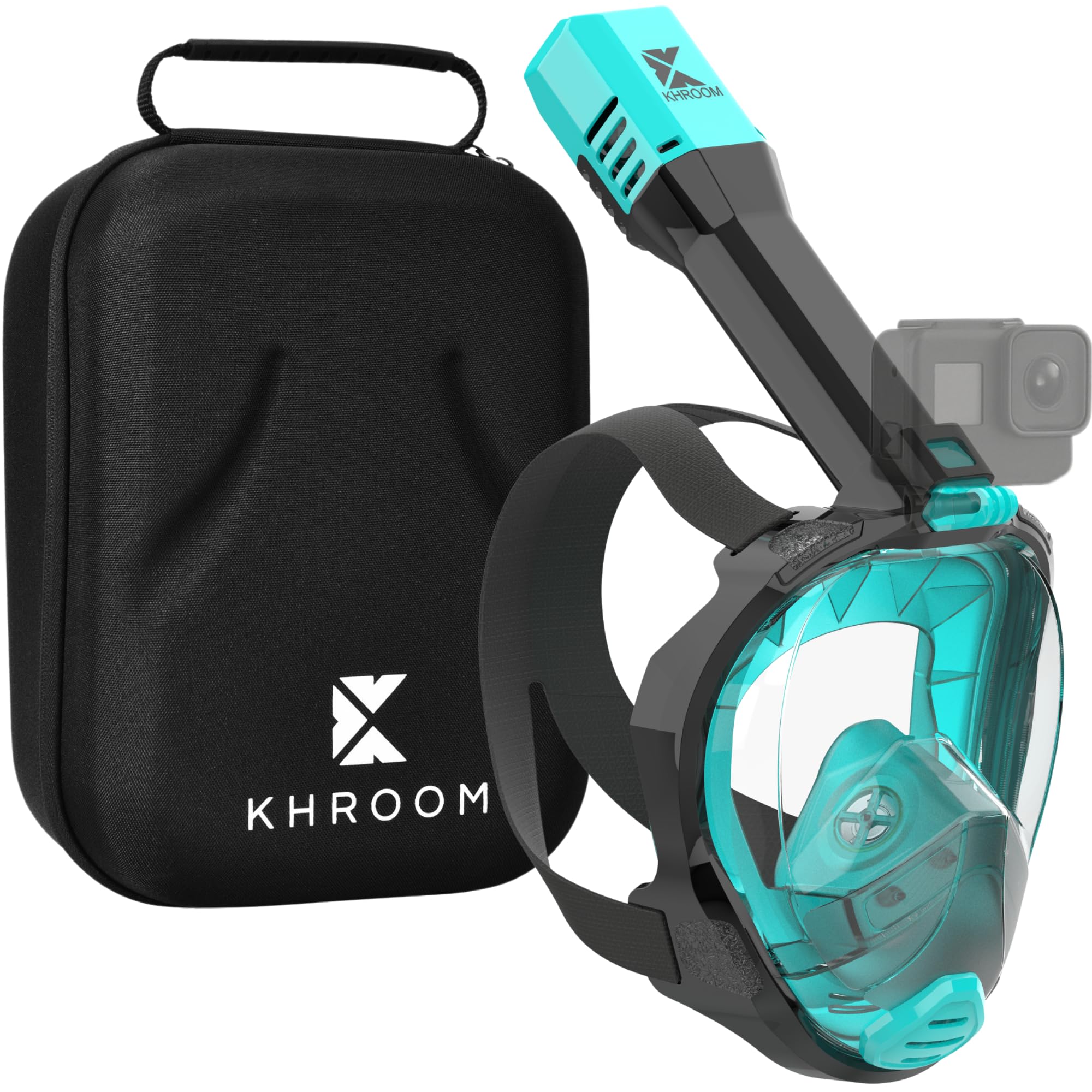 Khroom front view of full face snorkel mask showing clear lens and strap benefit of wide view