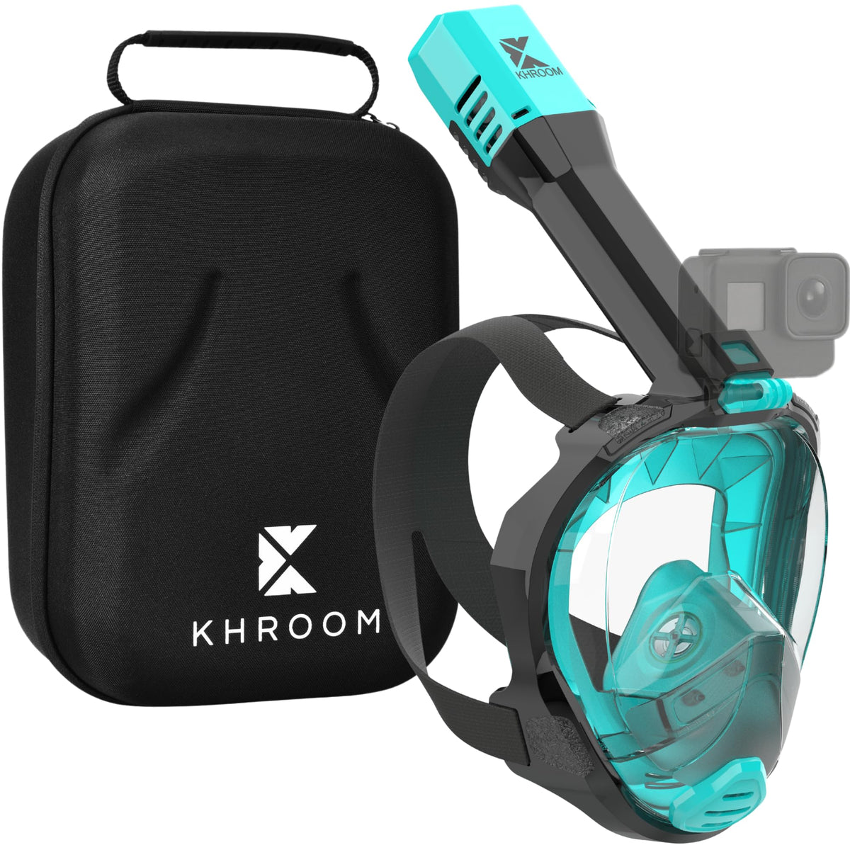 Khroom front view of full face snorkel mask showing clear lens and strap benefit of wide view