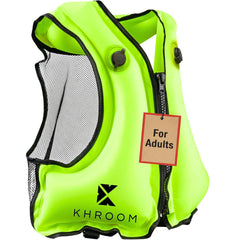Khroom front view of yellow snorkel vest showing fit and closure for comfortable flotation