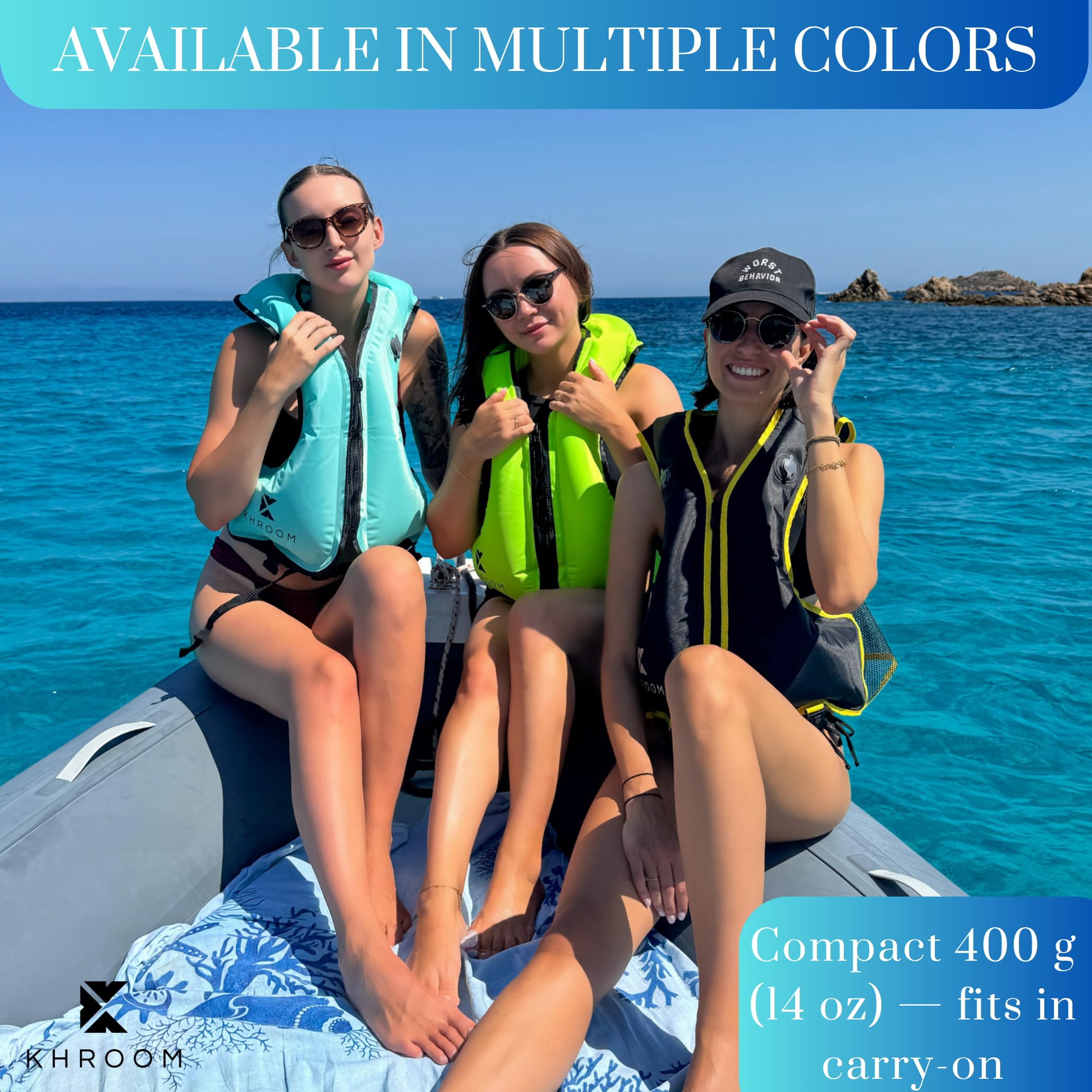 Khroom vest in use by snorkeler on water offering stable buoyancy and freedom to swim
