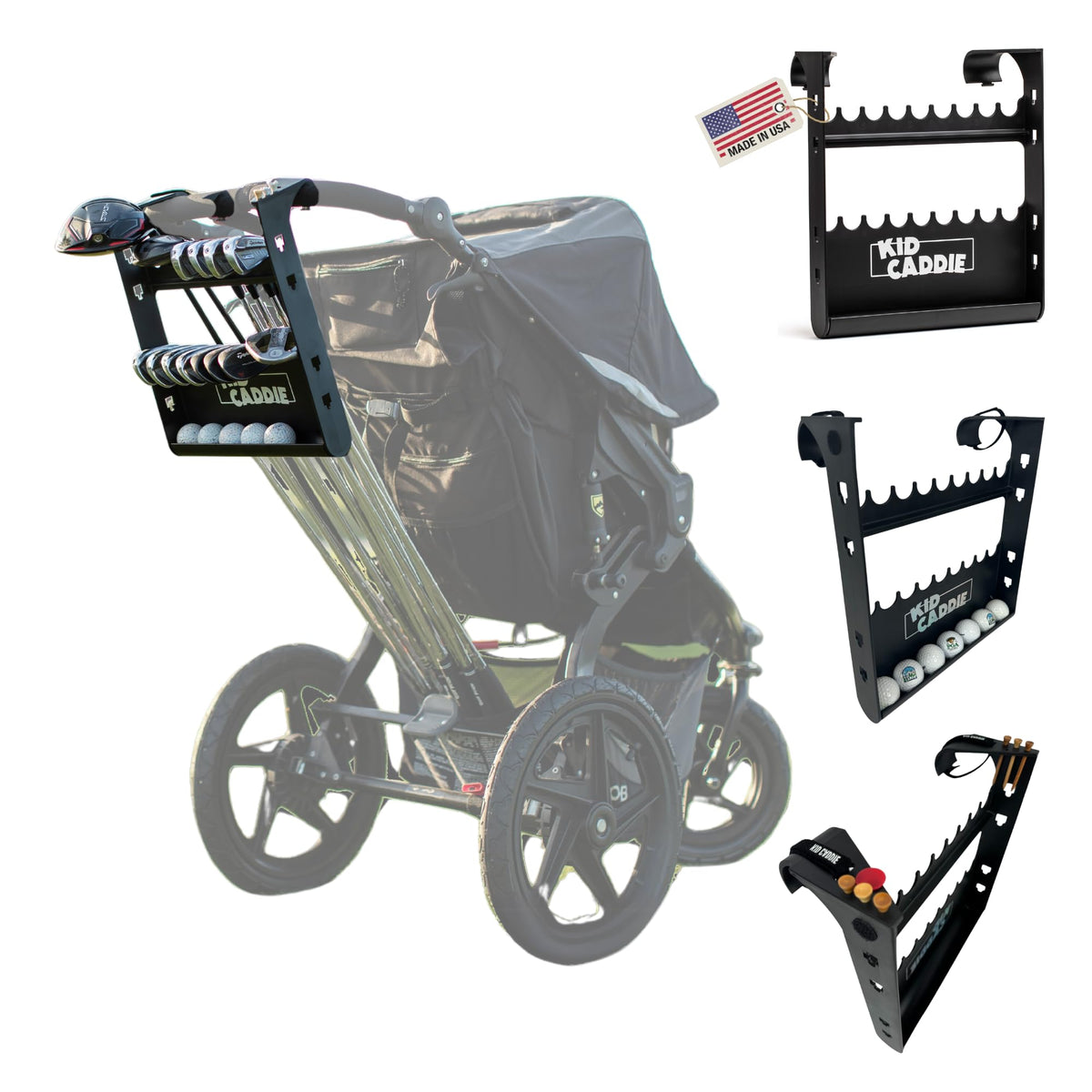 Kid Caddie front mounted on stroller showing secure carry benefit