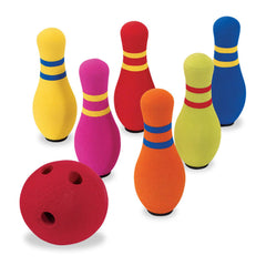 Kidoozie front view of six pin bowling set shows bright colors and portability