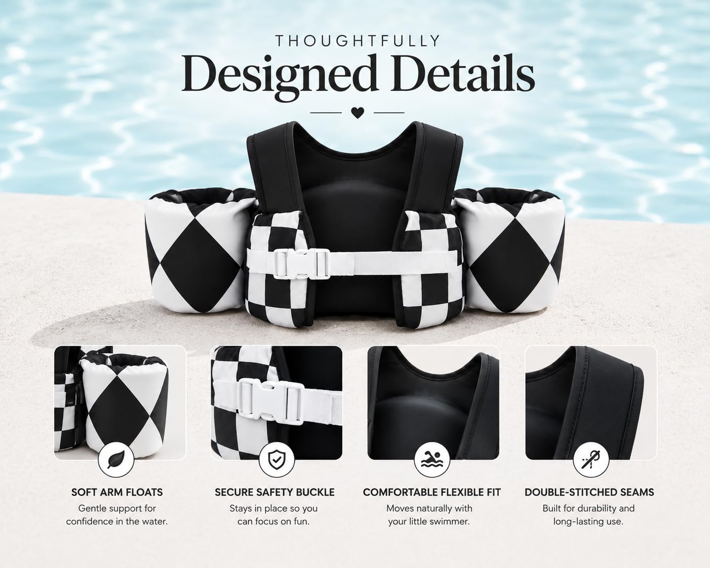 KIDSco swim vest back closure detail showing snap that keeps vest secure during play