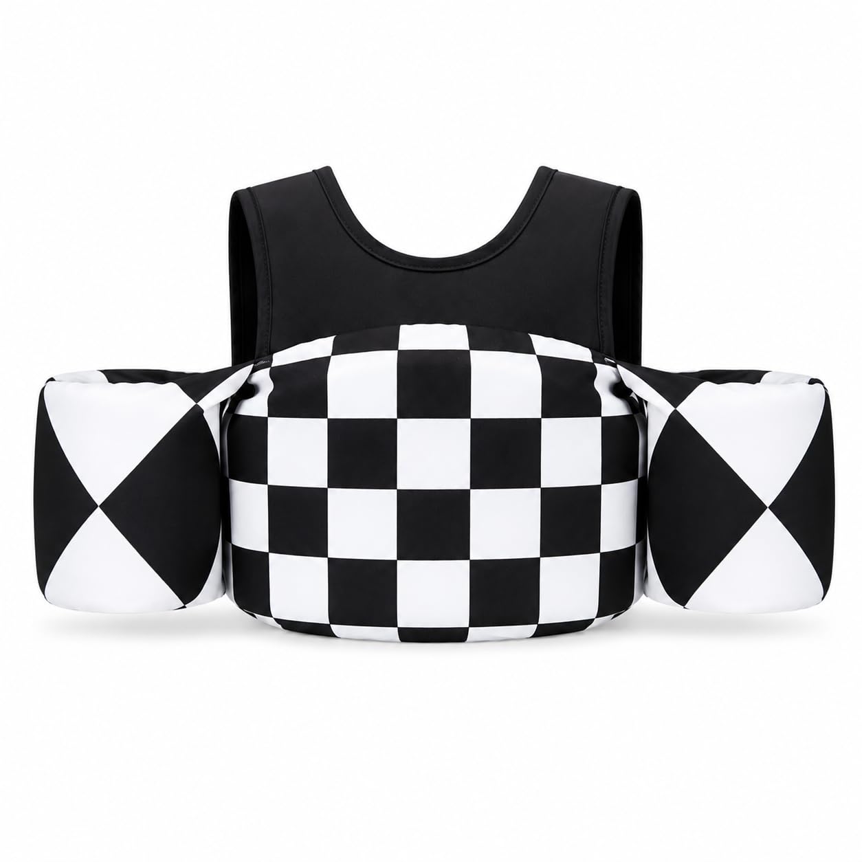 KIDSco swim vest front view showing secure fit and checkerboard style benefit confidence