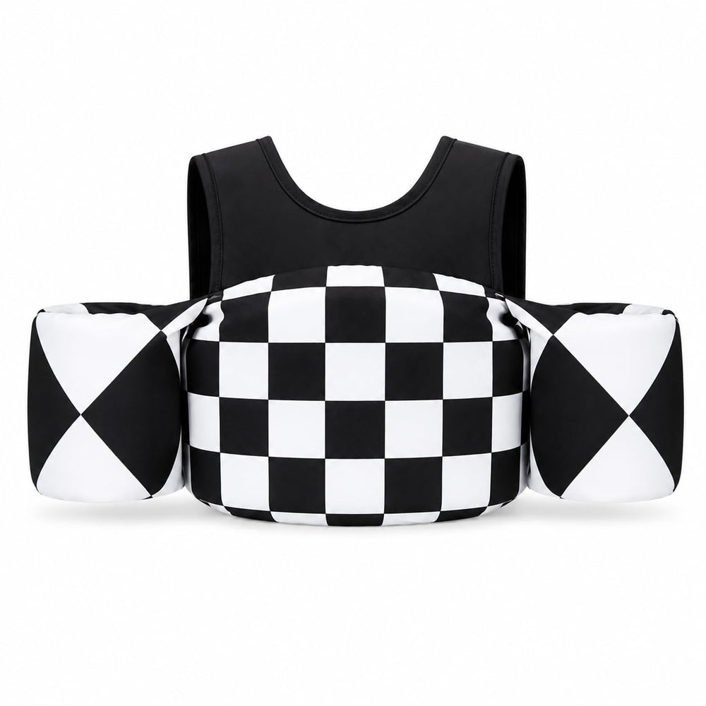 KIDSco swim vest front view showing secure fit and checkerboard style benefit confidence