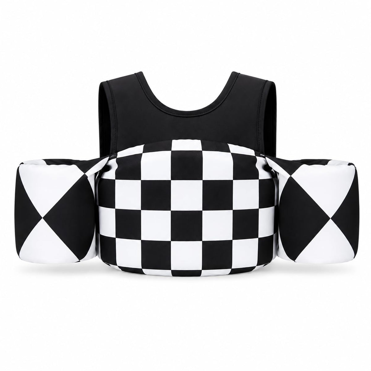 KIDSco swim vest front view showing secure fit and checkerboard style benefit confidence
