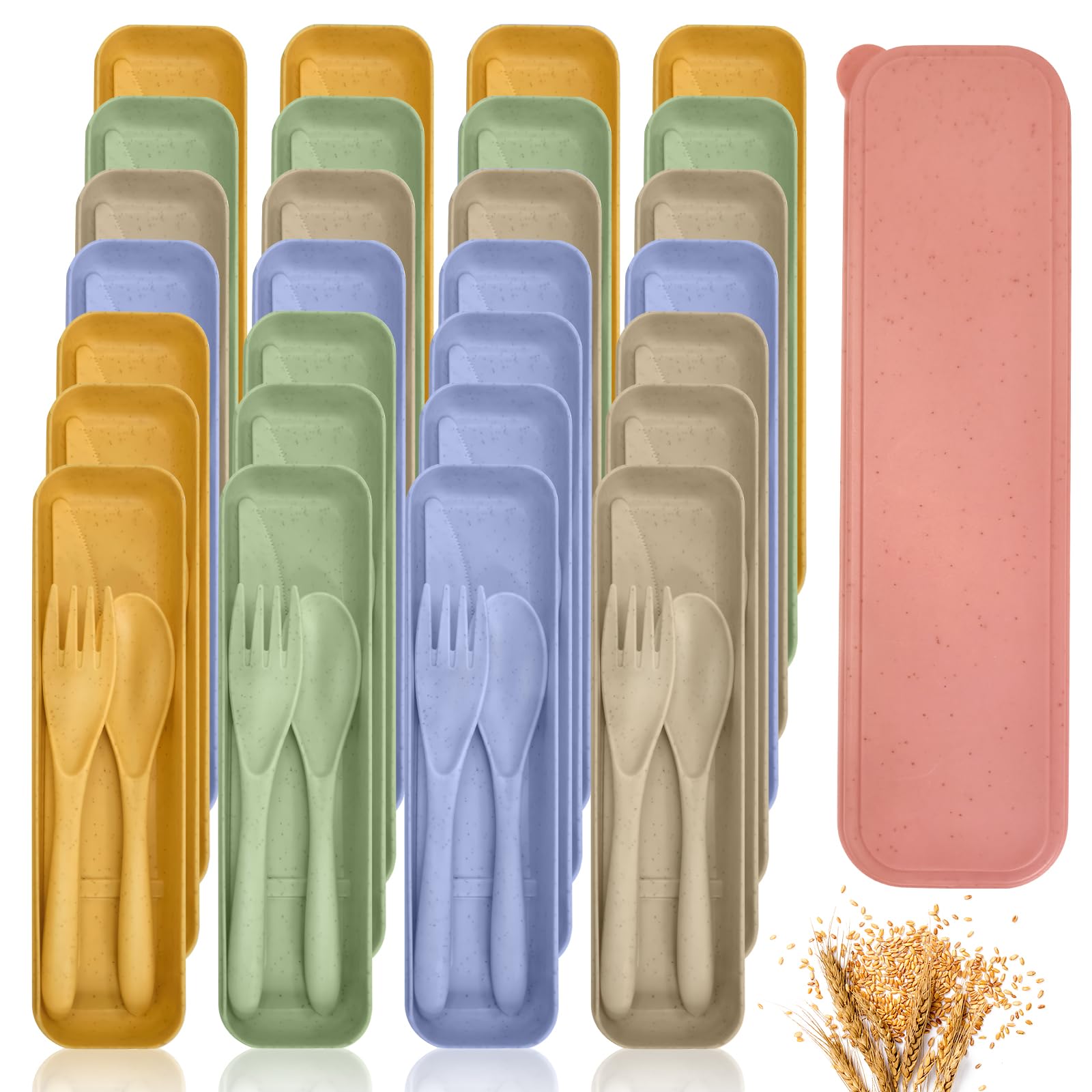 Kidum front packaging showing 60 light-color wheat straw utensil sets and case, convenient bulk value
