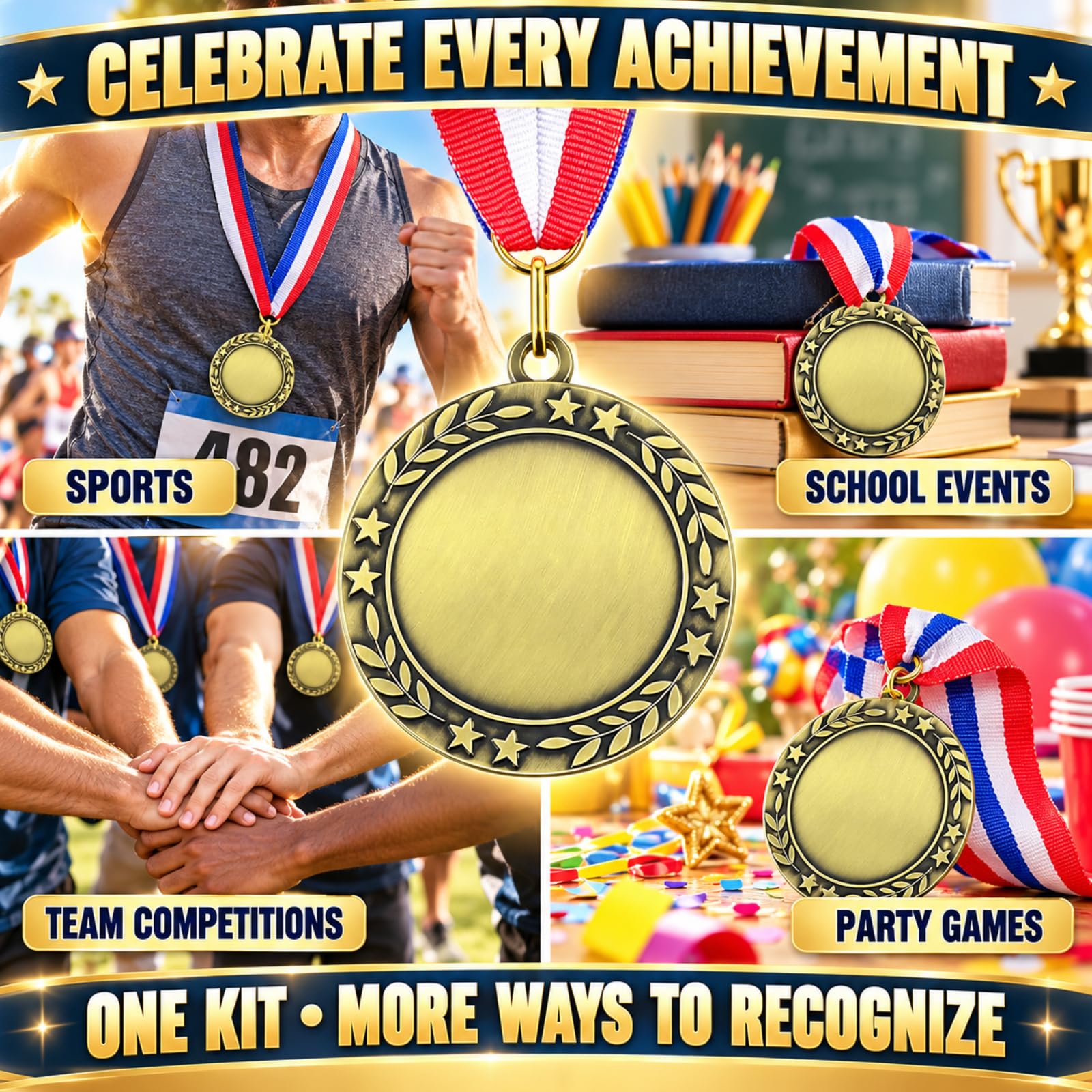Kigeli stacked medals showing edges, illustrates kit quantity and value