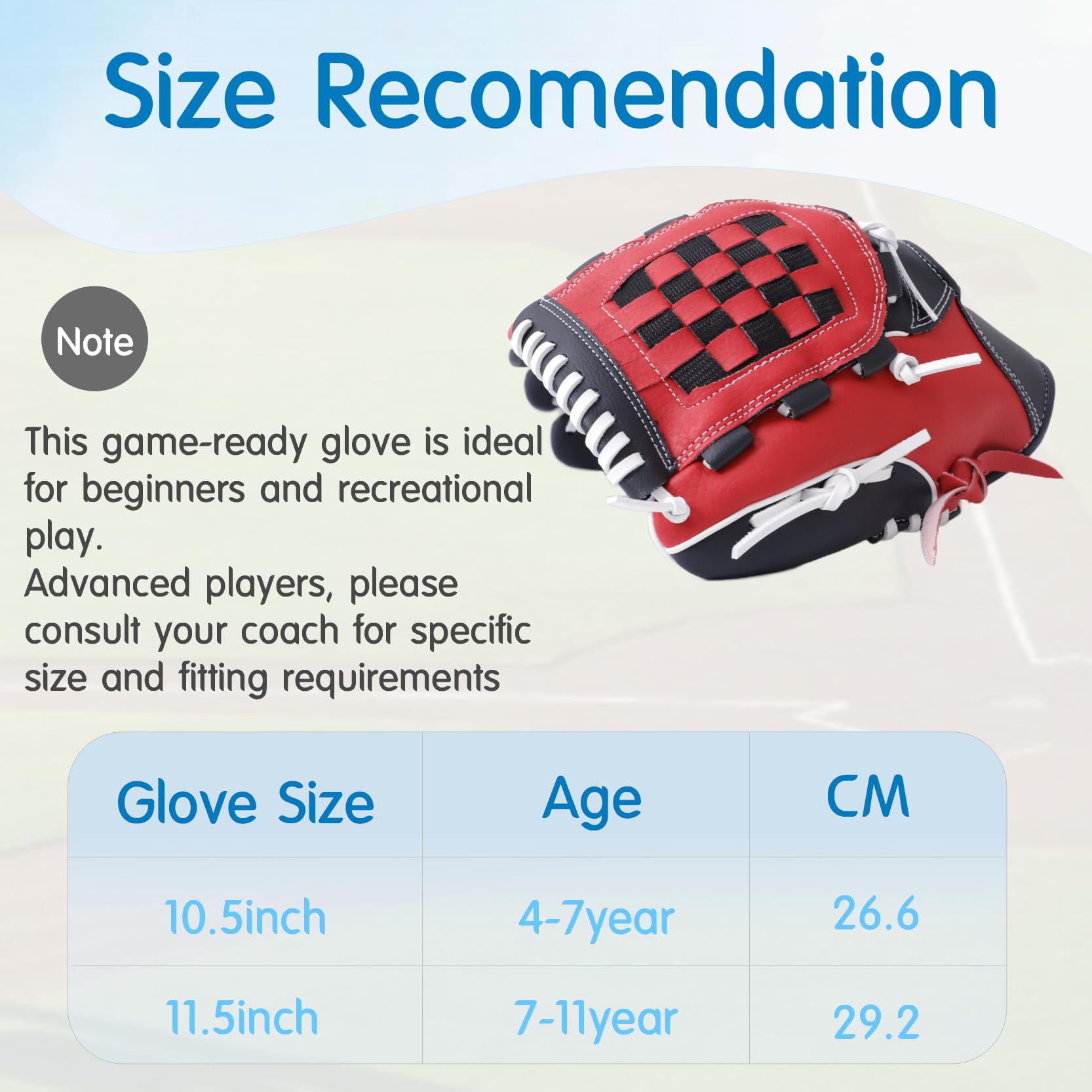 King Mills glove beside a baseball showing 10.5-inch scale for correct youth sizing